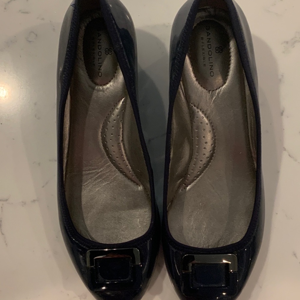Bandolino Dark Blue Patent Loafers with Silver Buckle